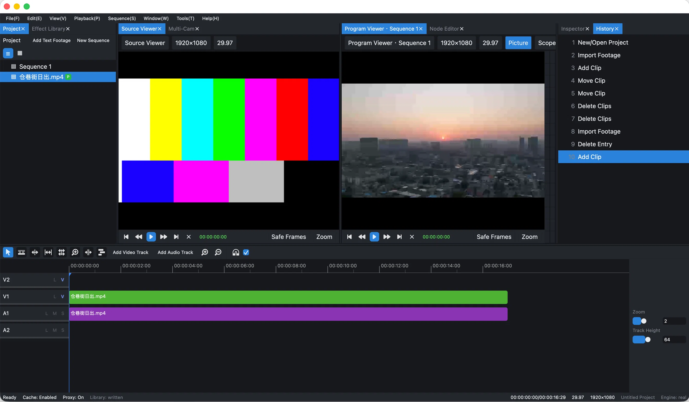 Oak Video Editor interface: project and media panel on the left, source and program monitors in the center, a multi-track timeline at the bottom, and a history panel on the right